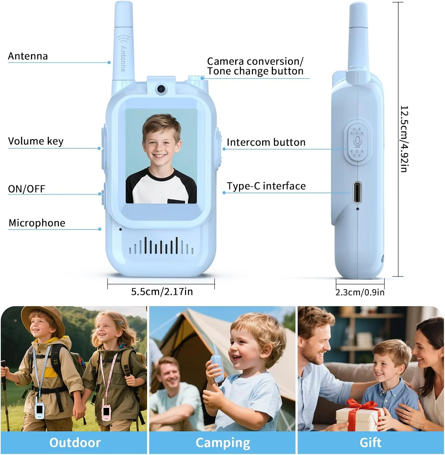 Kids Outdoor Videos - Video-walkie-talkies voor kinderen, USB-C oplaadbaar, één-knops